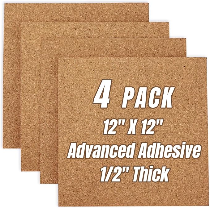 Cork Board Tiles 12"x12" - 1/2" Thick 4 Pack Cork Board Square Bulletin Boards Self Adhesive Corkboards for Walls Pin Boards Corkboards for Office Home School Decor-DeskLoop Office