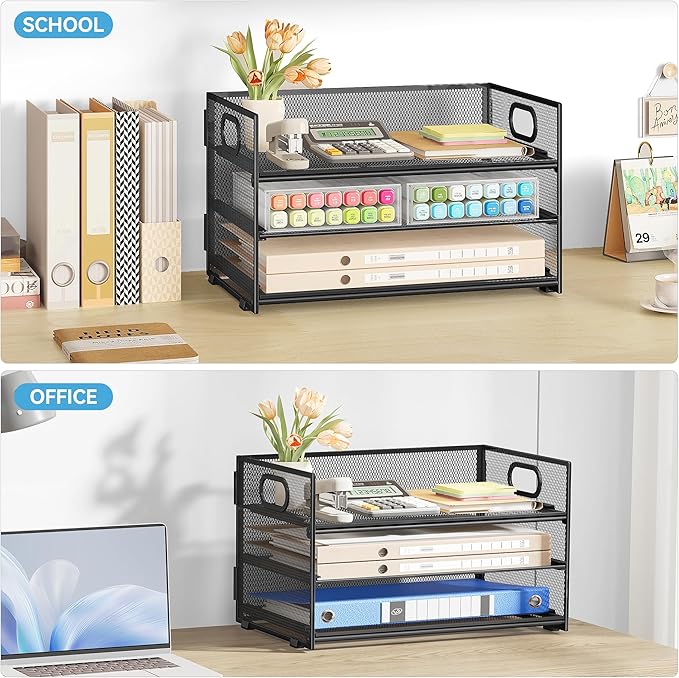 Subekyu 3 Tier Paper Letter Tray Organizer for Desk, Black Metal Mesh Desk File Folder Sorter Organizer with Handle and Sliding Tray for Home, Office, School Supplies Organization Storage-DeskLoop Office