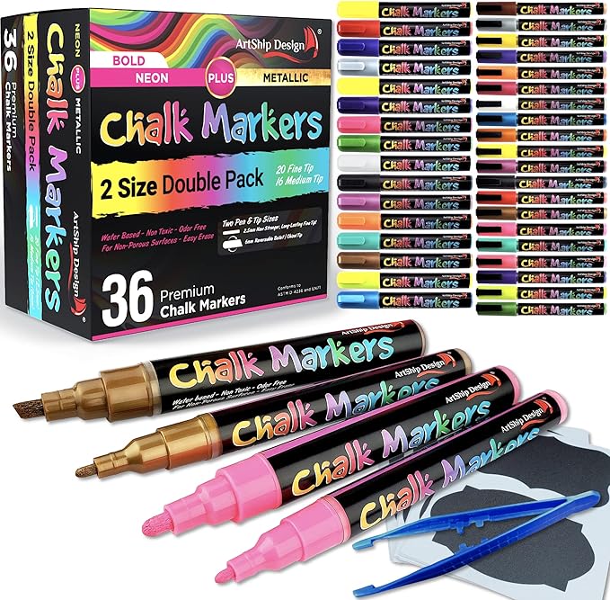 ArtShip Design 36 Chalk Markers Double Pack of Both Fine & Reversible Medium Tip Liquid Chalk Pens with Labels & Tip Tweezers Wet Erase Menu Boards, Windows, Mirrors, Non-Porous Chalkboards, Metal-DeskLoop Office