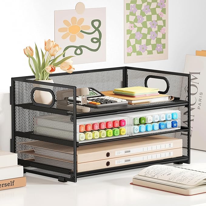 Subekyu 3 Tier Paper Letter Tray Organizer for Desk, Black Metal Mesh Desk File Folder Sorter Organizer with Handle and Sliding Tray for Home, Office, School Supplies Organization Storage-DeskLoop Office