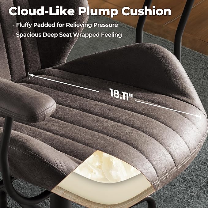 ovios Ergonomic Home Office Chair, Mid-Century Modern Faux Leather Chairs with Padded Armrests, Comfy Mid Back Swivel Rolling Executive Computer Armchair (Dark Grey, Suede Leather)-DeskLoop Office