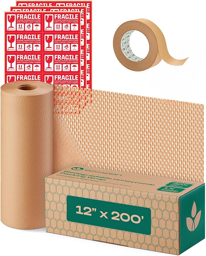 Honeycomb Packing Paper | Extra Thick 90 GSM Packing Wrap | Biodegradable Packing Materials: 12” x 200’ Moving Paper + 195’ Cellulose Adhesive Tape + 30 Fragile Stickers | Paper Bubble Wrap-DeskLoop Office
