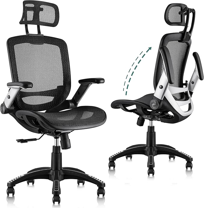 GABRYLLY Ergonomic Office Chair, High Back Home Desk Chair with Headrest, Flip-Up Arms, 90-120° Tilt Lock and Wide Cushion, Big and Tall Mesh Chairs for Man Woman, Black Task Chair-DeskLoop Office