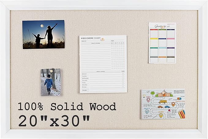 Bulletin Board Cork Board with Linen, 100% Wood Framed 30" x 20" Bulletin Board Decorations, Pin Boards for Walls, Wall Mounted Fabric Picture Board with 10 Pushpins for School, Home & Office, White-DeskLoop Office