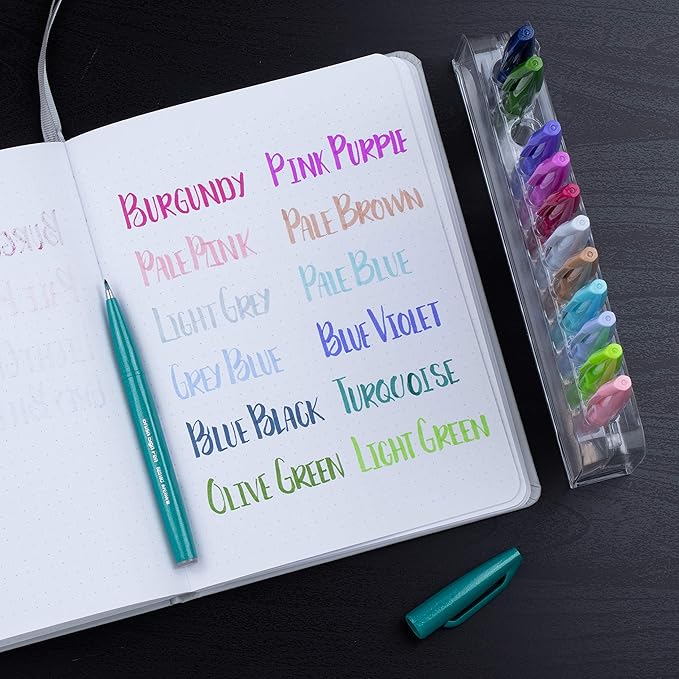 Pentel Arts Sign Pen Brush Tip, Assorted Colors, 12 Pack Box (SES15C2PC12)-DeskLoop Office