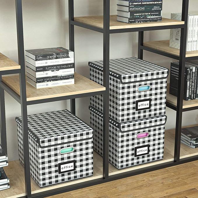 Huolewa Decorative Collapsible File Storage Organizer Boxes with Lids, Hanging Filing & Storage Boxes for Office/Decor/Home, Filing System for File and Folders Storag - (Black & White Lattice)-DeskLoop Office