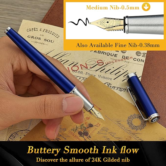 BEILUNER Luxury Fountain Pen Set,Solid 24K Gilded Medium Nib, Modern Classic Limited Edition -Includes 6 Ink Cartridges&Ink Refill Converter with Gift Case-Perfect for Men and Women(Charming blue)