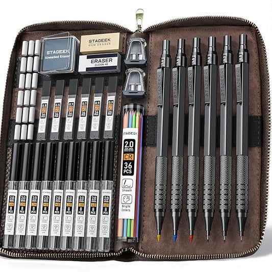 30PCS Black Metal Mechanical Pencil Set in Leather Case, 0.5/0.7/0.9/2.0mm Art Drafting Pencils with 16 Tubes Graphite Leads (6B 4B 2B HB 2H 4H) & Colored Refills for Sketching, Drawing, Writing-DeskLoop Office