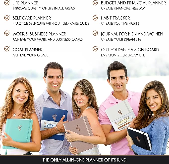 Hourly Planner - Undated Daily, Weekly & Monthly Planner with Budget Section | A 12 Month Journey to Increase Productivity & Happiness | Life Organizer & Gratitude Journal - Vertical Format-DeskLoop Office