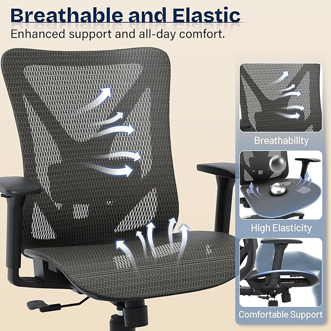 Ergonomic Office Chair, Mesh Computer Desk Chairs with Adjustable Lumbar Support, 3D Armrests, Tilt Function, Comfy Wide Seat, Swivel Executive Work Task Chair for Company and Home-DeskLoop Office