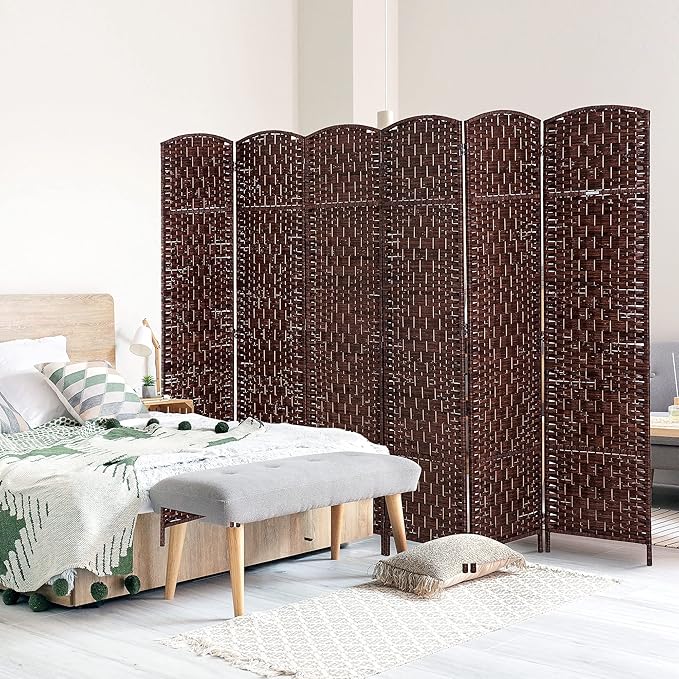 HOMCOM Room Divider 6 Panels Folding Privacy Screen 6FT Tall Portable Wicker Weave Partition Wall Divider for Bedroom Home Office, Brown-DeskLoop Office