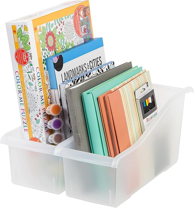 IRIS USA Plastic Book Bin Magazine Holder, 8-Pack, Vertical Standing Connecting Container Box for Office Dorm Study Homework Binder Notebook File Craft Stationery Supplies Organizer Caddy, Clear-DeskLoop Office