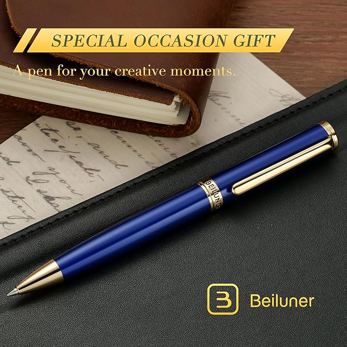 BEILUNER Blue Lacquer Gel Pen - Stunning Luxury Pen with 24K Gold Finish, ADMOK Black Refill, Executive Gift Set for Family & Friends, Writing, Fancy, Office, Retractable Pens-DeskLoop Office