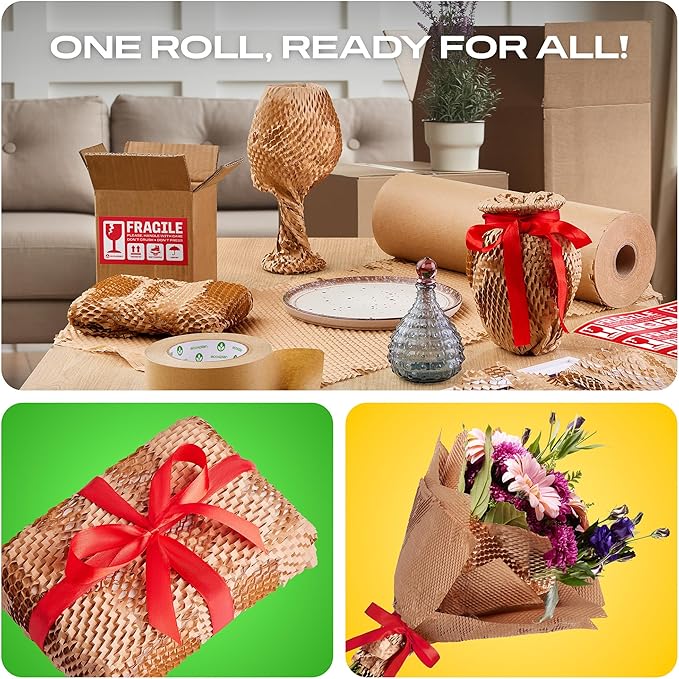 Honeycomb Packing Paper | Extra Thick 90 GSM Packing Wrap | Biodegradable Packing Materials: 15” x 200’ Moving Paper + 195’ Cellulose Adhesive Tape + 30 Fragile Stickers | Paper Bubble Wrap-DeskLoop Office