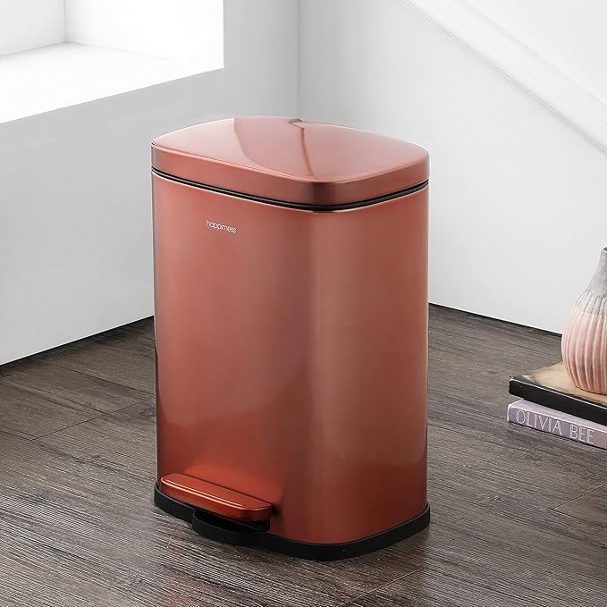happimess HPM1006D Connor Rectangular Trash Can with Soft-Close Lid and Free Mini Trash Can, Modern Fingerprint Proof for Home, Kitchen, Office, Large:12.98 Gallon Small:1.3 Gallon, Rose Gold-DeskLoop Office