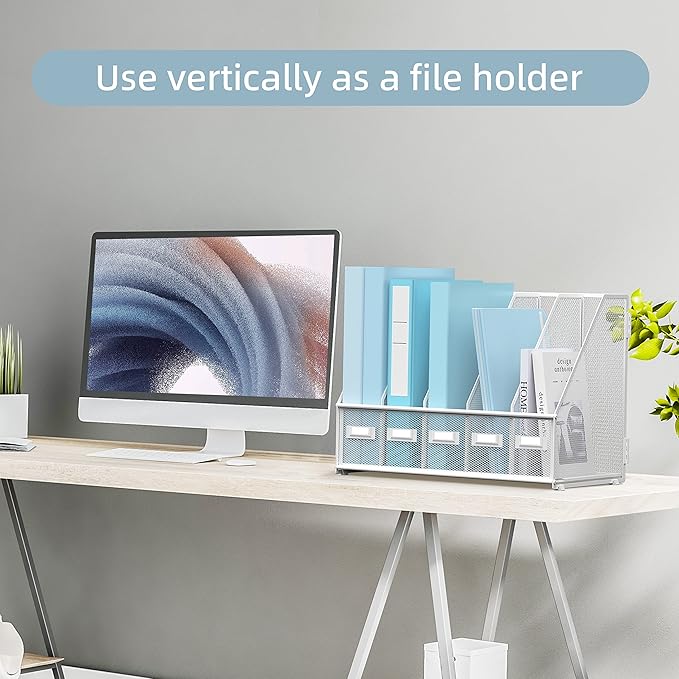 SUPEASY Desk Organizers Metal Desk Magazine File Holder with 5 Vertical Compartments Rack File Organizer for Office Desktop, Home Workspace, White-DeskLoop Office