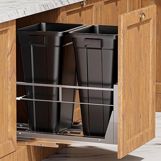 YJHome Pull Out Trash Can Under Cabinet with 2 * 10Gal Garbage, Cabinet Trash Can Pull Out Kit with Soft-Close Slides, Under Sink Trash Can with Door Mounting Kit for Minimum Opening 18" W-DeskLoop Office