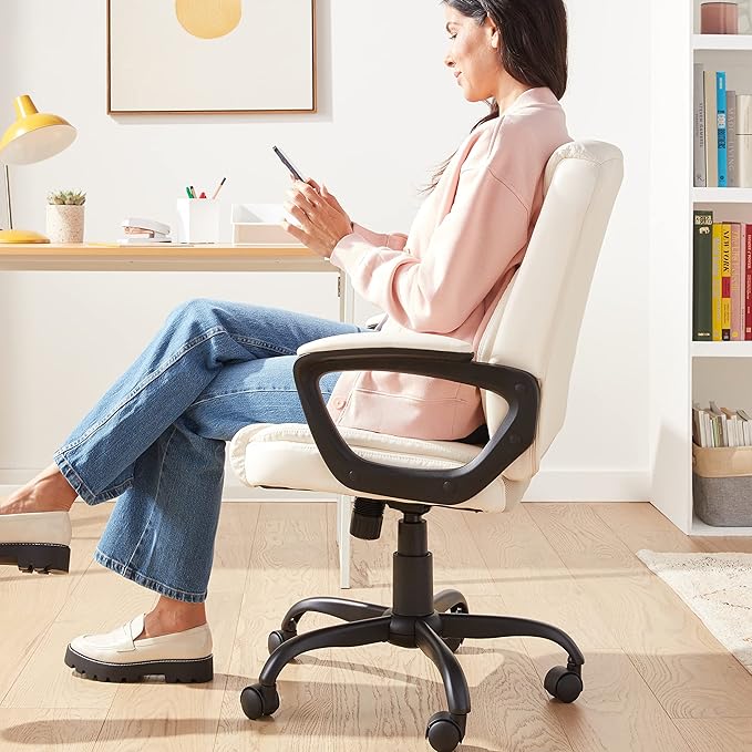 Amazon Basics Classic Puresoft PU Padded Mid-Back Height Adjustable Office Computer Desk Chair with Armrest, 26"D x 23.75"W x 42"H, Cream-DeskLoop Office