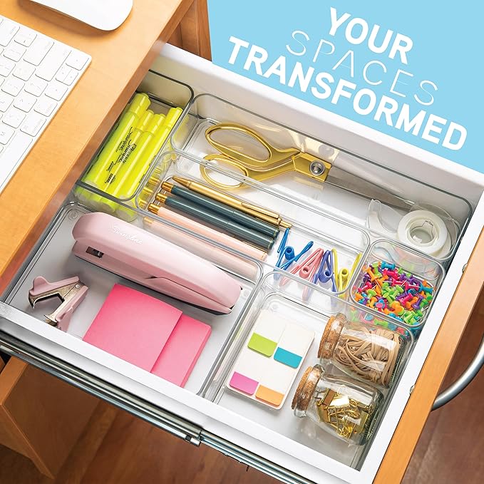 Plastic Clear Drawer Organizers. Bathroom, Kitchen, Bedroom, Gadgets, Office Organizer Bins, Storage Trays. Heavy Duty, Stackable. 12" x 3" x 2" Set of 6-DeskLoop Office