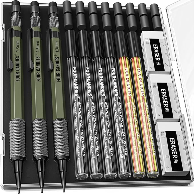 Four Candies 1.3mm Mechanical Pencil Set with 72 Lead Refill, 3PCS Metal Weatherproof Body Heavy Duty Carpenter Pencil, 3 Eraser, 16 Eraser Refill, for Outdoor Woodworking Drafting Marking with Case-DeskLoop Office