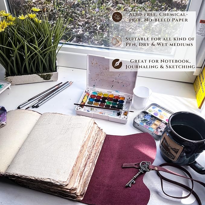 LEATHER VILLAGE Vintage Leather Journal – 200 Handmade Vintage Deckle Edge Paper – Leather bound Journal For Women Men – Vintage Key Closure - Book of Shadows - 13X7 inches - Fuchsia