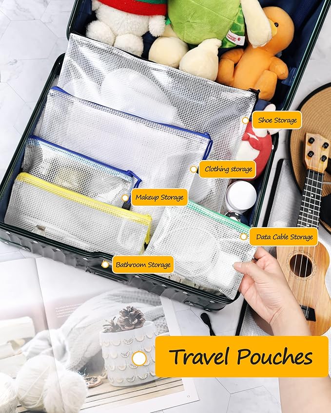 SUNEE Plastic Mesh Zipper Pouch 11x16 in (8 Colors, 24 Packs),Extra Large Water-Resistant Zip Bag for School Office Supplies, Puzzles & Games Organizing Storage