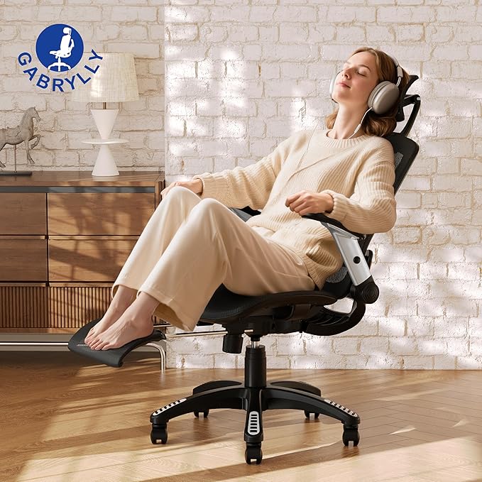 GABRYLLY Ergonomic Office Chair with Footrest, High Back Home Desk Chair - 3D Headrest, Flip-Up Arms, 135° Tilt and Wide Cushion, Heavy Duty Mesh Chairs for Task Computer Gaming,GYB01-FT-DeskLoop Office