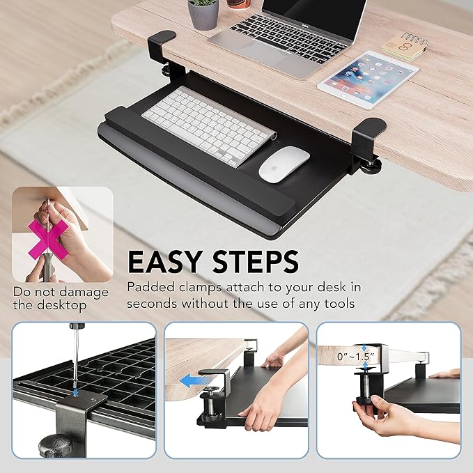 EHO Clamp-On Retractable Adjustable Keyboard Tray, Under Desk Ergonomic Keyboard Tray - Easy Tool-Free Install - Small with Wrist Rest 20" (24.8" Including Clamps) x 11.5" for Enhanced Typing Comfort-DeskLoop Office