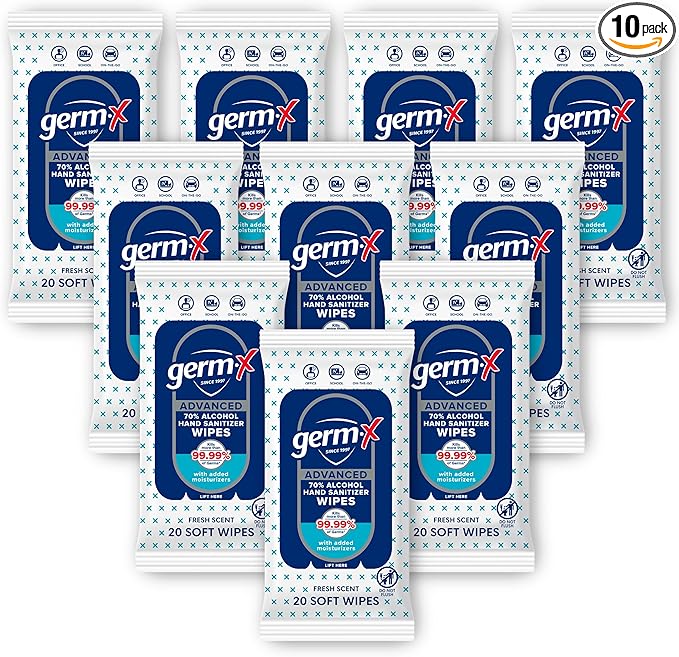 Germ-X Advanced Single-Use Hand Sanitizer Wipes, 20 Soft Wipes, Non-Drying Hand Sanitizer, Instant No Rinse Formula, Back to School Supplies, 70% Alcohol-Based Moisturizing Hand Sanitizer (Pack of 10)-DeskLoop Office