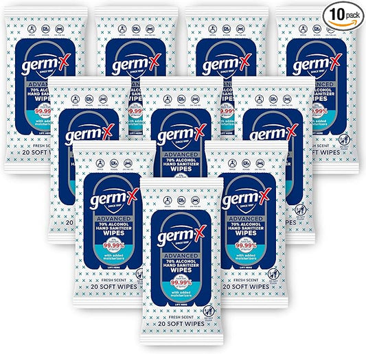 Germ-X Advanced Single-Use Hand Sanitizer Wipes, 20 Soft Wipes, Non-Drying Hand Sanitizer, Instant No Rinse Formula, Back to School Supplies, 70% Alcohol-Based Moisturizing Hand Sanitizer (Pack of 10)-DeskLoop Office