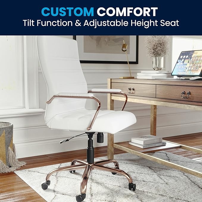 Flash Furniture Whitney High-Back Swivel LeatherSoft Desk Chair with Padded Seat and Armrests, Adjustable Height Padded LeatherSoft Office Chair, White/Rose Gold-DeskLoop Office