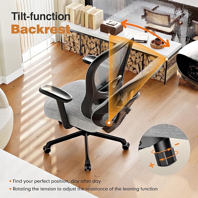 ELABEST Ergonomic Office Chair,Home Desk Chair with Mesh Back,Adjustable Lumbar Support,Built-in Springs Wide Seat,Executive Task Chair with 3-D Big Armrests,Tilt Function,Computer Desk Chair (Grey)-DeskLoop Office