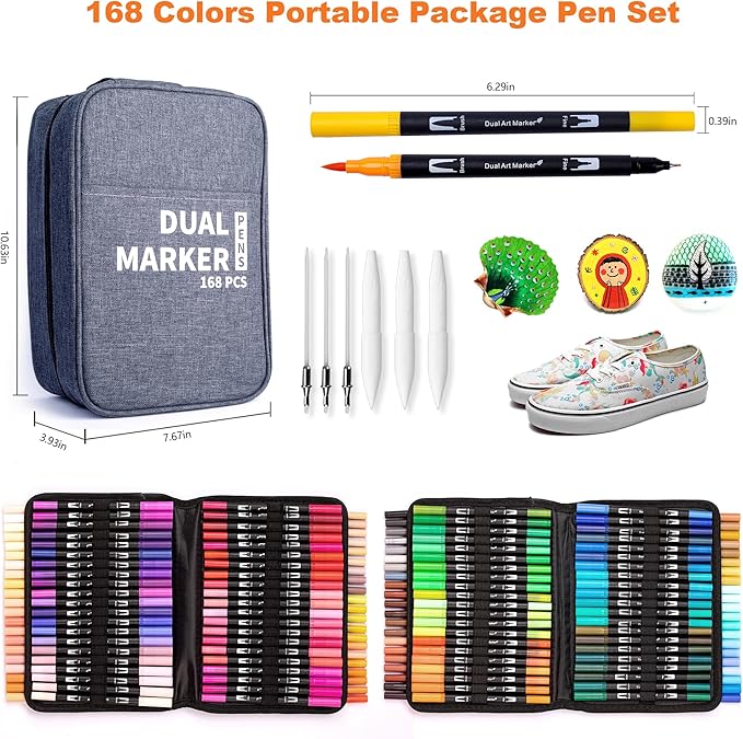 Dual Markers Brush Pens, 168 Colors Art Marker Set with Brush and Fine Tips – Premium Art Supplies for Kids & Adults, Perfect for Coloring Books, Hand Lettering, Calligraphy, and Drawing-DeskLoop Office
