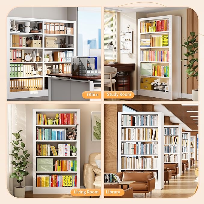 5-Tier Bookcase with Adjustable Storage Shelves, Metal Bookshelf with Book Stopper, Bookcase Shelf for Library, Office, Living Room (White(1 Column,3 Combination Bookshelves))-DeskLoop Office