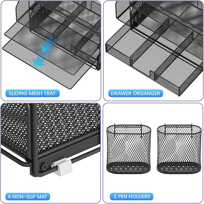 Desk Organizers and Accessories, 5-Tier Paper File Organizer with Drawer & Pen Holder, Office Desk Accessories Workspace Desktop Organizer for Office Supplies(Black)-DeskLoop Office