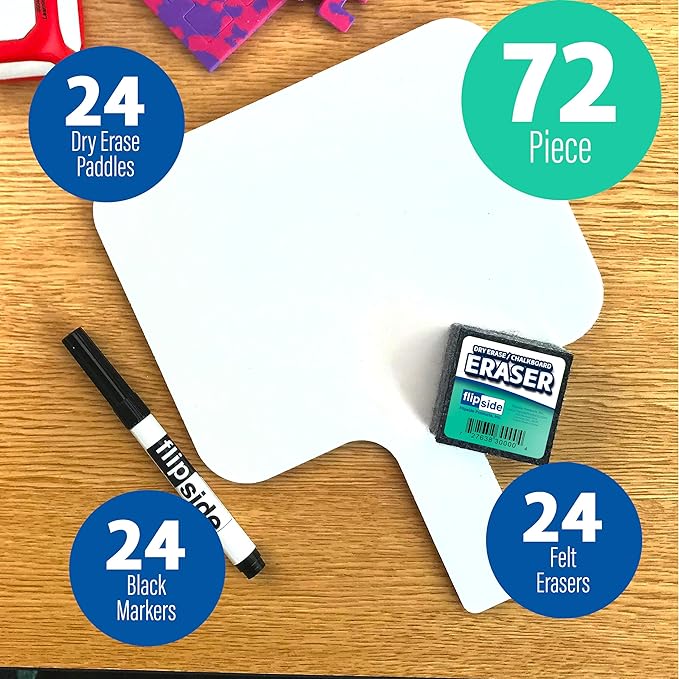 Flipside Products Rectangular Dry Erase Answer Paddles w/Black Dry Erase Marker and Erasers, Auction, Handheld Whiteboard, Handle Response Board, 72 Pieces, Set of 24-DeskLoop Office