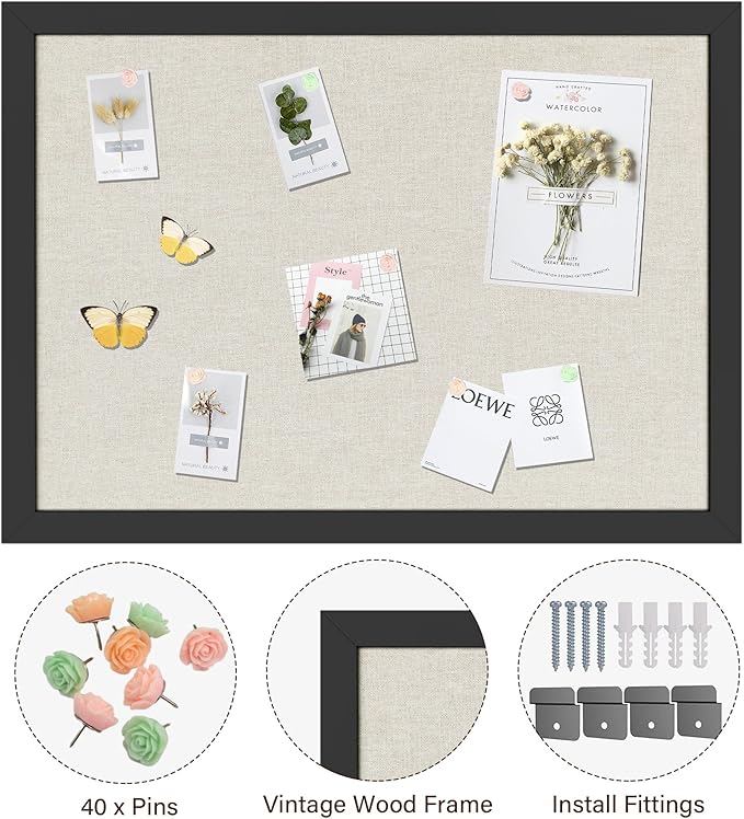 Cork Board Bulletin Board 18" x 24", 2-Pack Large Linen Corkboards with Frame for Walls, Cute Picture Display Pin Board Vision Board for Room School Office Bedroom 40 Pushpins Vintage Black-DeskLoop Office