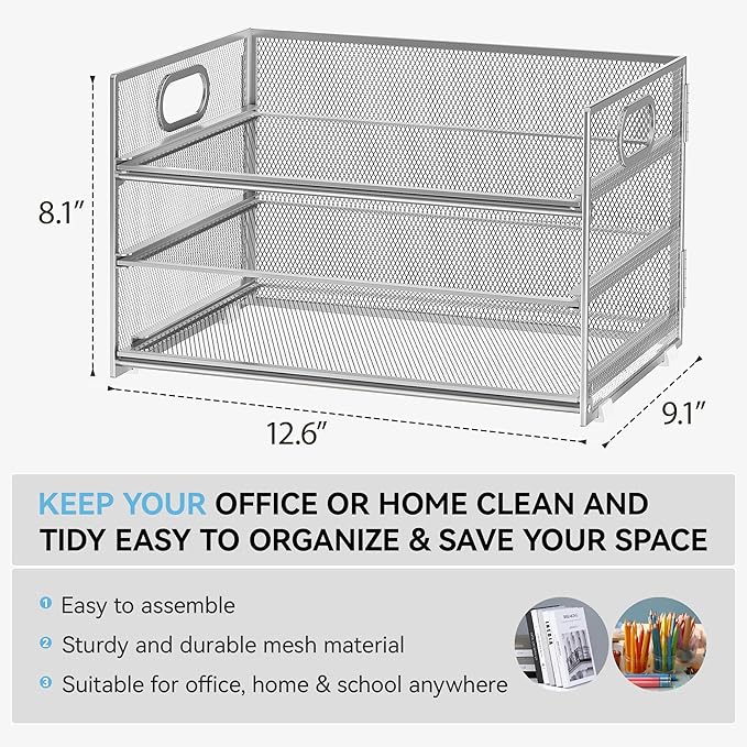 Subekyu 3 Tier Paper Desk Organizer with Handle and 1 PC Slideable Letter Tray, A4 Paper File Folder Sorter Metal Mesh Organizer for Home Office School Desk Supplies Organization Storage, Silver-DeskLoop Office