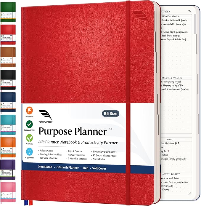 Roterunner Purpose Planner Notebook B5 7.5”x9.8” Undated 2025 Daily Weekly and Monthly Productivity Goal Setting Tool for Work Home ADHD for Adults Self Care Journal-DeskLoop Office
