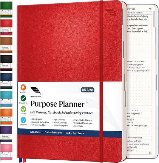 Roterunner Purpose Planner Notebook B5 7.5”x9.8” Undated 2025 Daily Weekly and Monthly Productivity Goal Setting Tool for Work Home ADHD for Adults Self Care Journal-DeskLoop Office