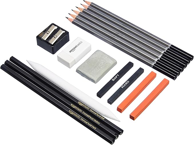 Amazon Basics Sketching and Drawing Art Pencil Kit, Artist Supplies with Pencils, Erasers, Sharpener, Charcoal, Black, White, 17 Piece Set-DeskLoop Office