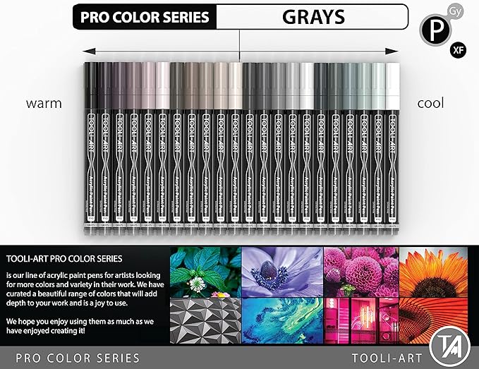 Acrylic Paint Pens 22 Gray Tones Assorted Pro Color Series Markers Set 0.7mm Extra Fine Tip for Rock Painting, Glass, Mugs, Wood, Metal, Canvas, Projects, Non Toxic, Waterbased, Quick Drying-DeskLoop Office