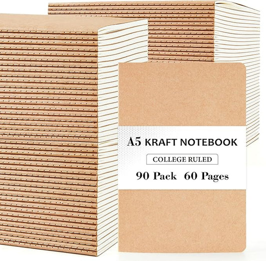 feela 90 Pack Kraft Notebooks Bulk, Lined Travel Journals Note Pad Notebooks for Men Women Girls Students, Making Plans Writing Memos Office School Supplies, A5, 60 Pages, 8.3” X 5.5”-DeskLoop Office