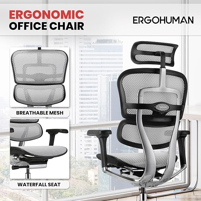 Ergohuman Eurotech ME7ERG GEN2 High Back Mesh Office Chair with Tilt Tension Control, Tilt Lock, Back Angle, Back Height, Synchro Tilt, Seat Height, Seat Depth, and Arm Height Adjustments, Grey-DeskLoop Office