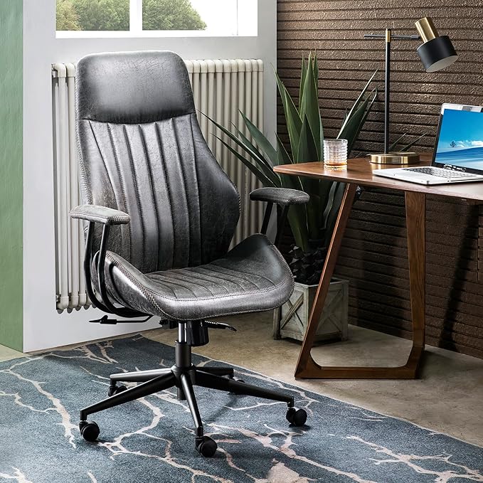 ovios Ergonomic Home Office Chair, Mid-Century Modern Faux Leather Chairs with Padded Armrests, Comfy High Back Swivel Rolling Executive Computer Armchair (Dark Grey, Suede Leather)-DeskLoop Office