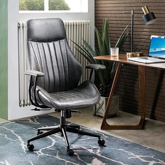 ovios Ergonomic Home Office Chair, Mid-Century Modern Faux Leather Chairs with Padded Armrests, Comfy High Back Swivel Rolling Executive Computer Armchair (Dark Grey, Suede Leather)-DeskLoop Office