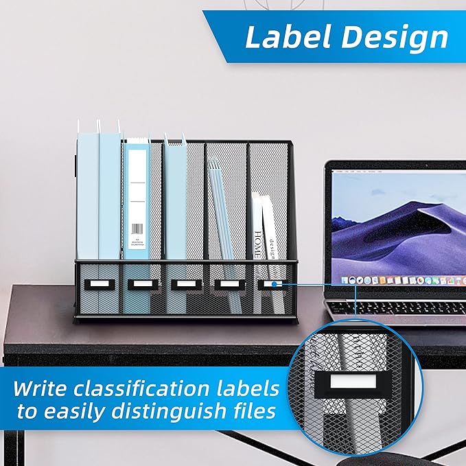 SUPEASY Desk Organizers Metal Desk Magazine File Holder with 5 Vertical Compartments Rack File Organizer for Office Desktop, Home Workspace, Black-DeskLoop Office