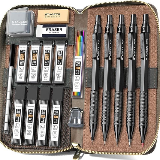 Metal Mechanical Pencil Set in Leather Case, 5PCS Art Drafting Pencil 0.3, 0.5, 0.7, 0.9 & 2mm Lead Holder, 9 Tube (4B 2B HB 2H Colors) Lead Refills for Drawing, Sketching, Writing (Black)-DeskLoop Office