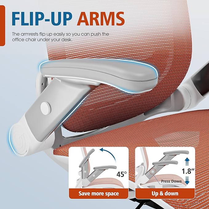 GABRYLLY Ergonomic Office Chair, High Back Home Desk Chair with Headrest, Flip-Up Arms, 90-120° Tilt Lock and Wide Cushion, 400LBS Mesh Chairs for Man Woman, White Task Chair(Orange,GY01WOR)-DeskLoop Office