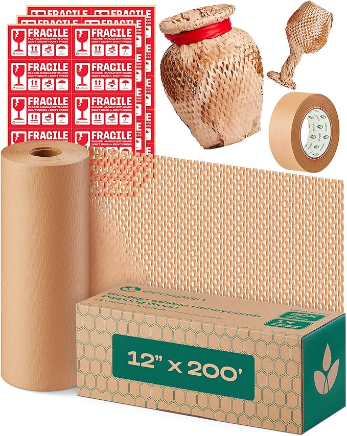 Honeycomb Packing Paper | Extra Thick 90 GSM Packing Wrap | Biodegradable Packing Materials: 12” x 200’ Moving Paper + 195’ Cellulose Adhesive Tape + 30 Fragile Stickers | Paper Bubble Wrap-DeskLoop Office